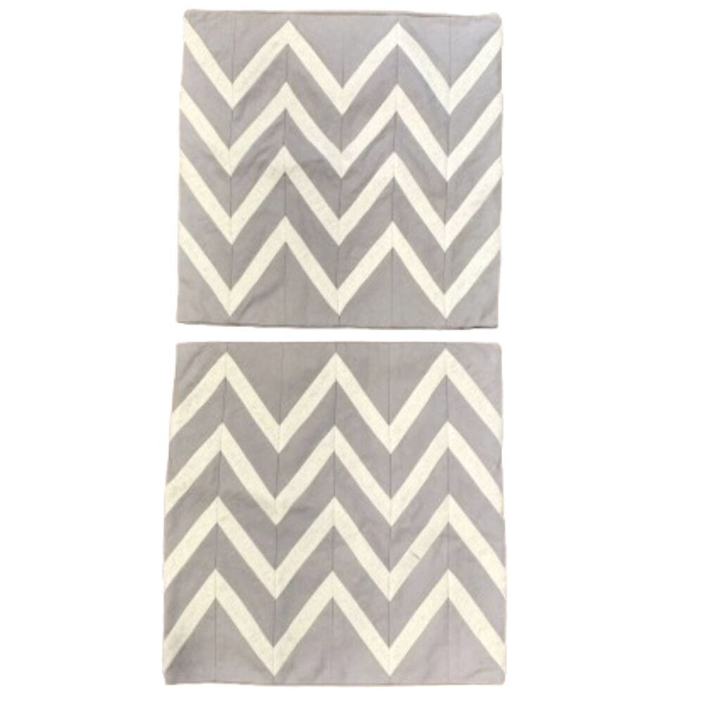 Crate & Barrel Chevron Accent Pillow Covers Cotton Set Of 2 Gray/Off White